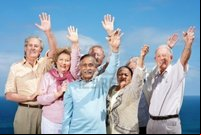 mature group logos portrait group mature friends standing raised hands against sky outdoor photo