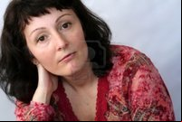 red mature hallgerd portrait beautiful brunette mature womanwearing red blouse photo